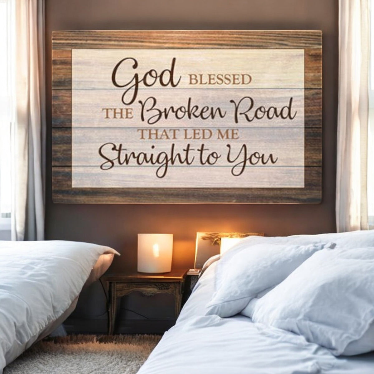 God Blessed The Broken Road Wood Sign Canvas Wall Art – Christian Wall Decor