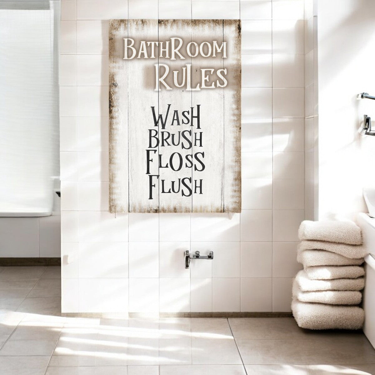 Bathroom Rules - Wash Brush Floss Flush Canvas Wall Art – Funny Bathroom Decor