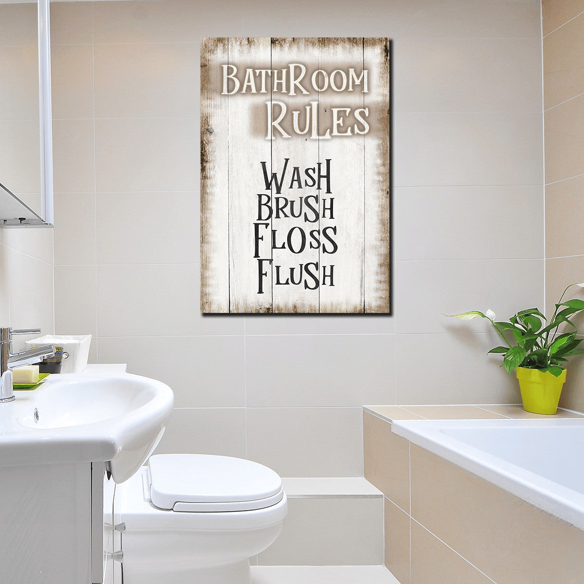 Bathroom Rules - Wash Brush Floss Flush Canvas Wall Art – Funny Bathroom Decor