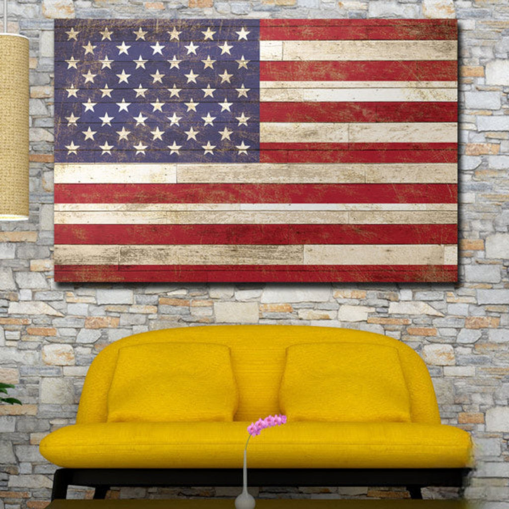 American Flag On Wood Style Rustic Premium Canvas