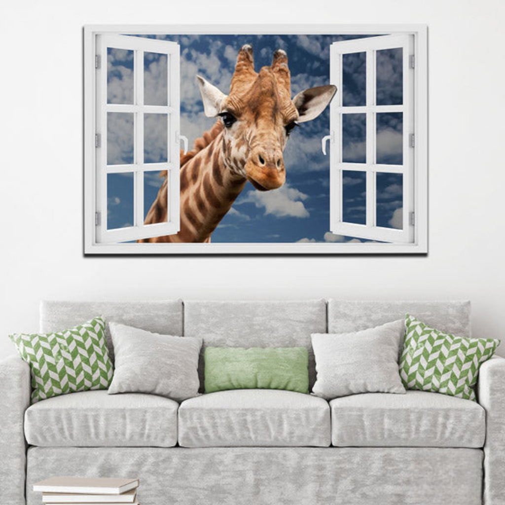 Curious Giraffe At Window Premium Canvas