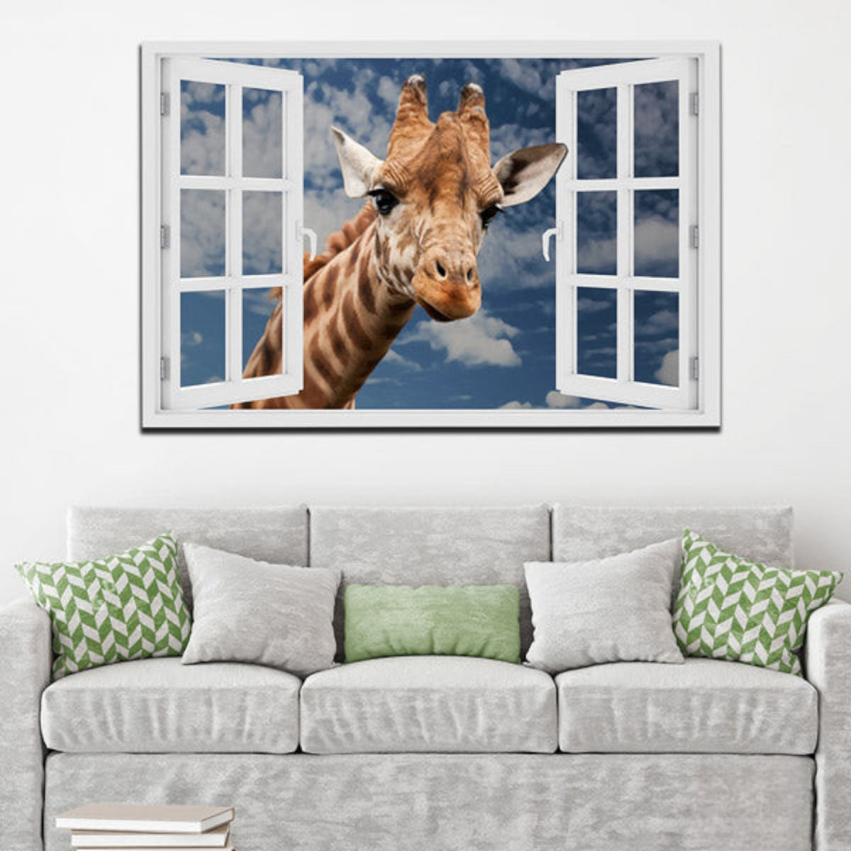 Curious Giraffe At Window Premium Canvas