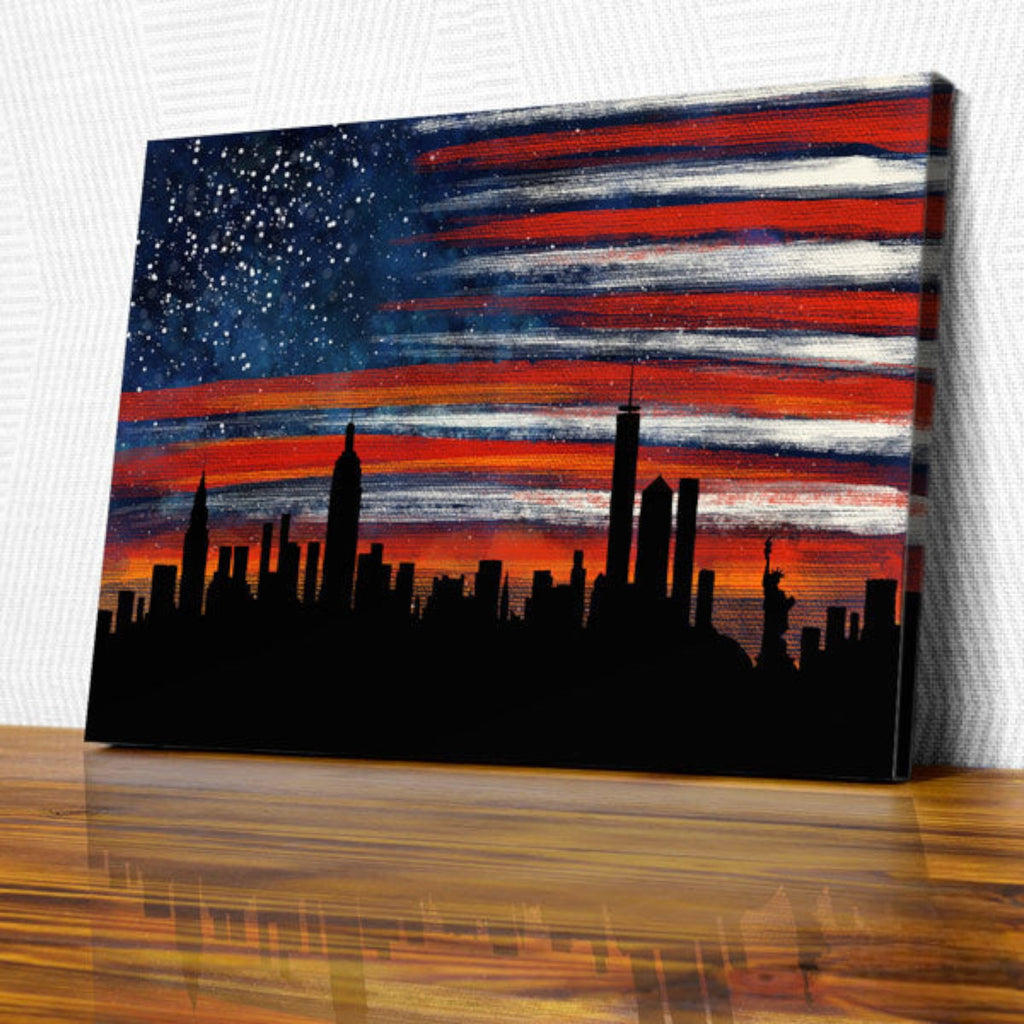 Stars And Stripes New York Evening Skyline Premium Canvas