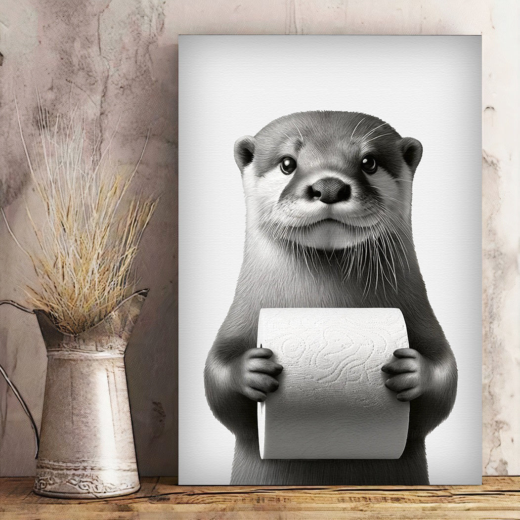 Amazing Otter With Toilet Paper Canvas Wall Art – Funny Bathroom Decor
