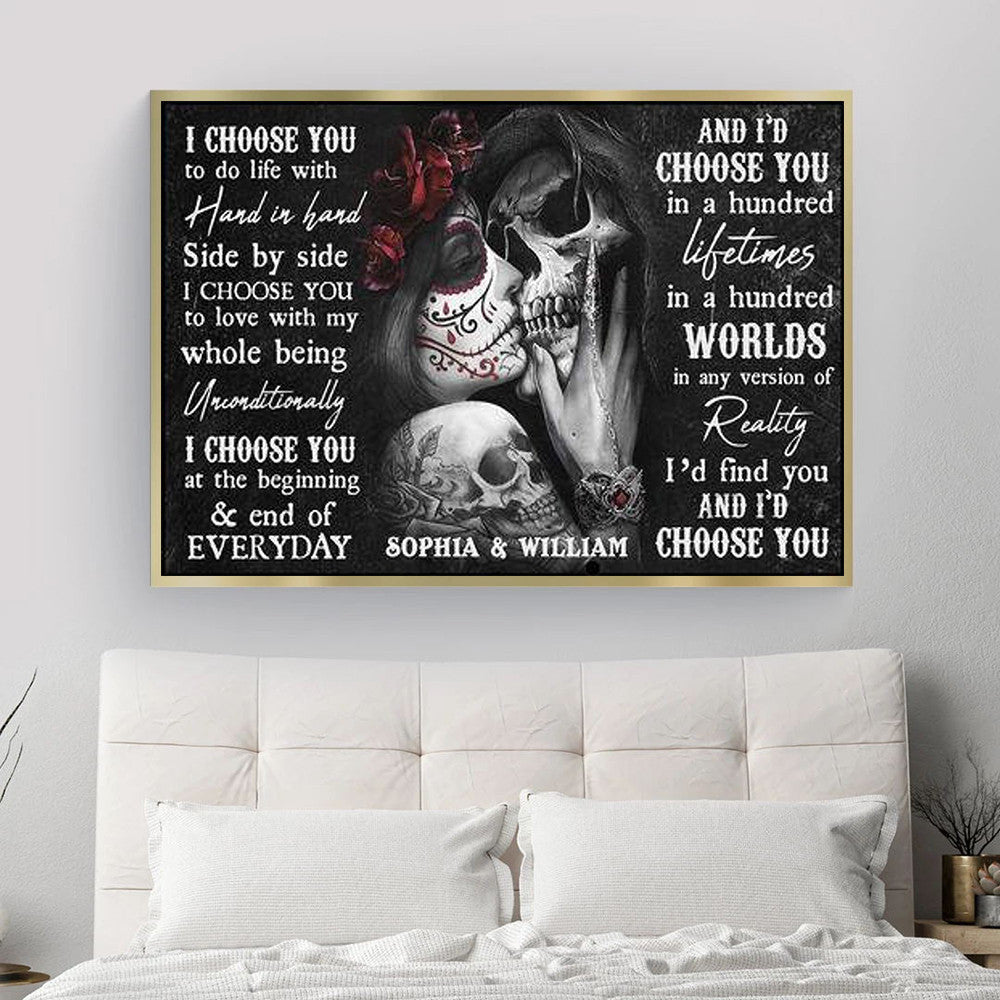 Personalized Name I Choose You Sugar Skull Canvas Wall Art – Couple Gift