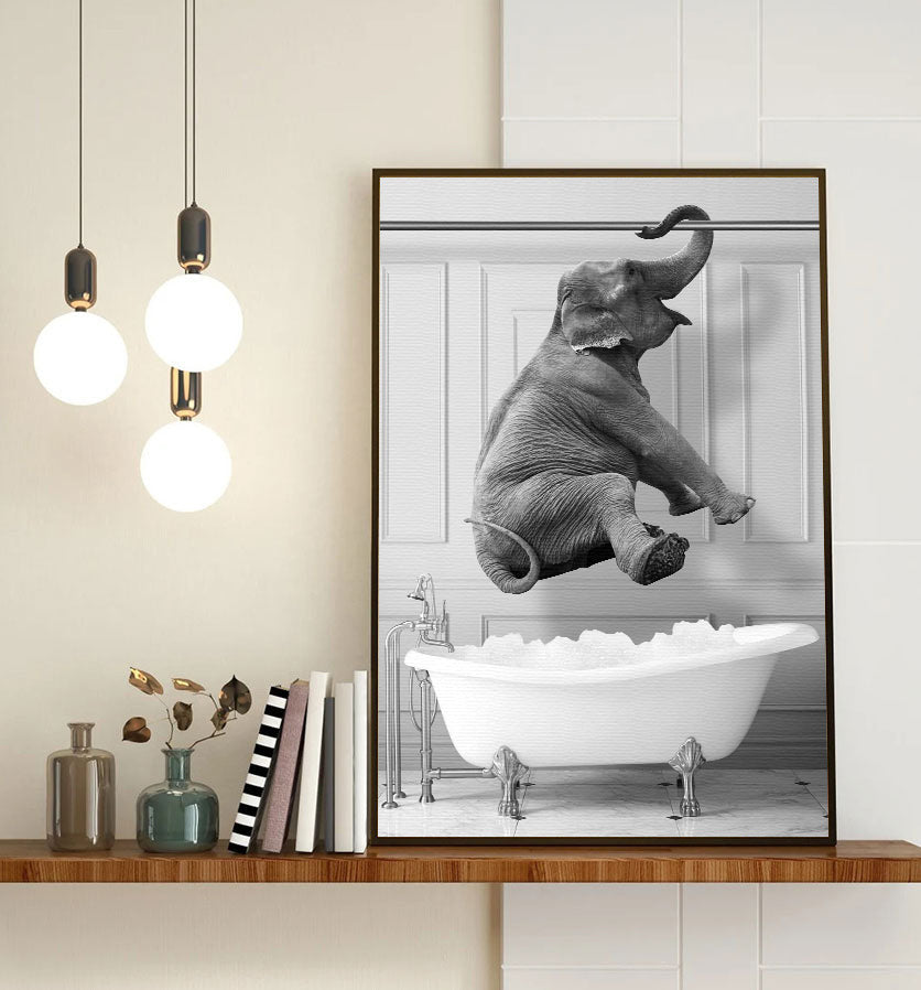 Elephant Enjoying In Bathroom Canvas Wall Art – Funny Bathroom Decor