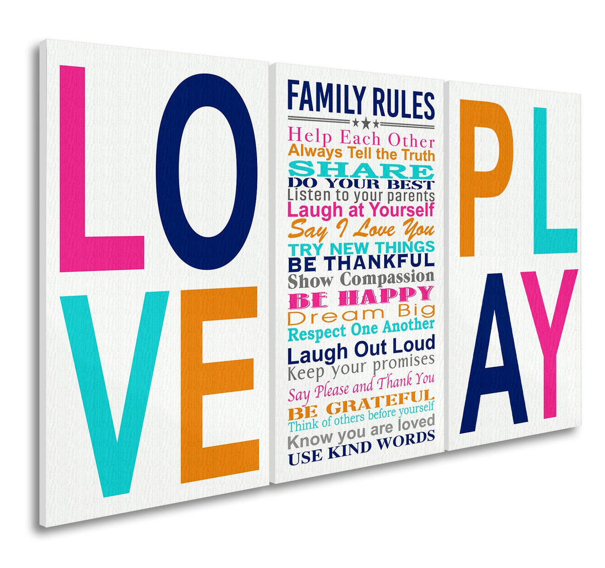 Family Rules Love And Play Set of 3 Canvas Wall Art