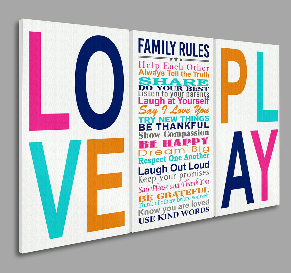 Family Rules Love And Play Set of 3 Canvas Wall Art