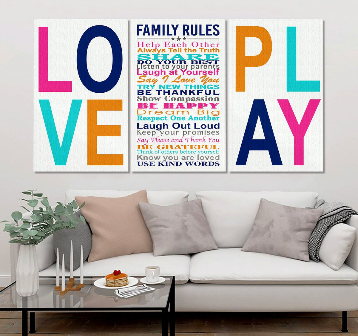 Family Rules Love And Play Set of 3 Canvas Wall Art