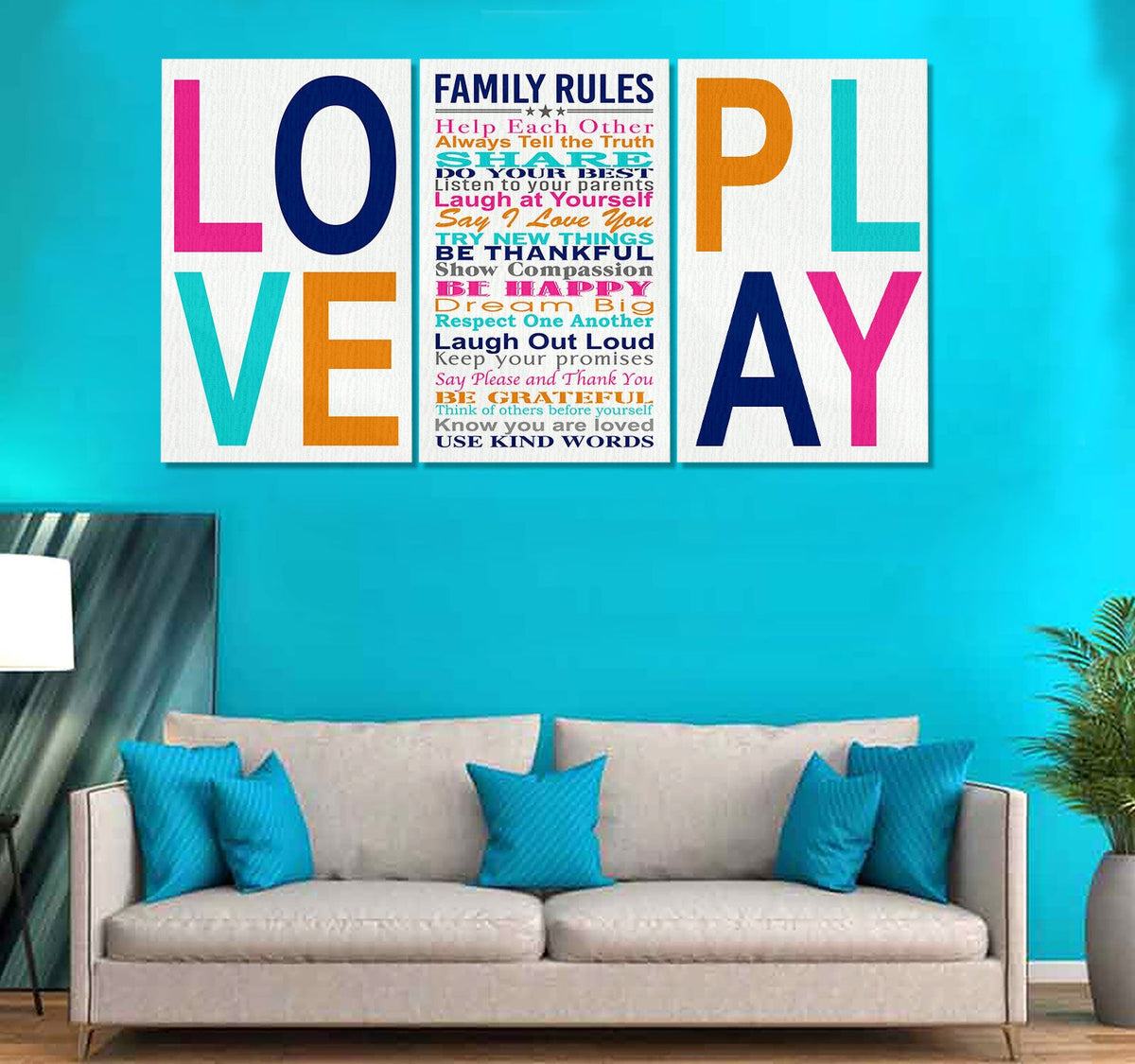 Family Rules Love And Play Set of 3 Canvas Wall Art