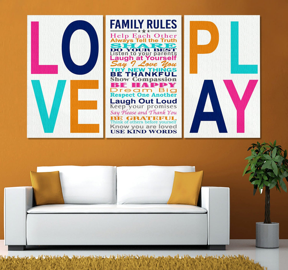 Family Rules Love And Play Set of 3 Canvas Wall Art
