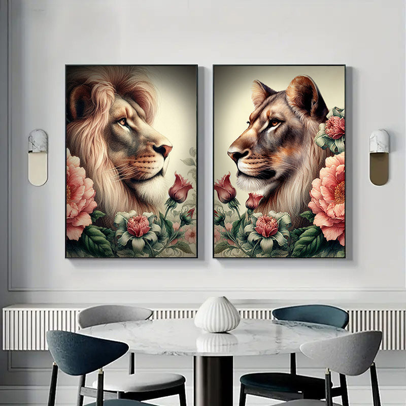 Flowers Lion Couple Canvas Wall Art – Couple Gift