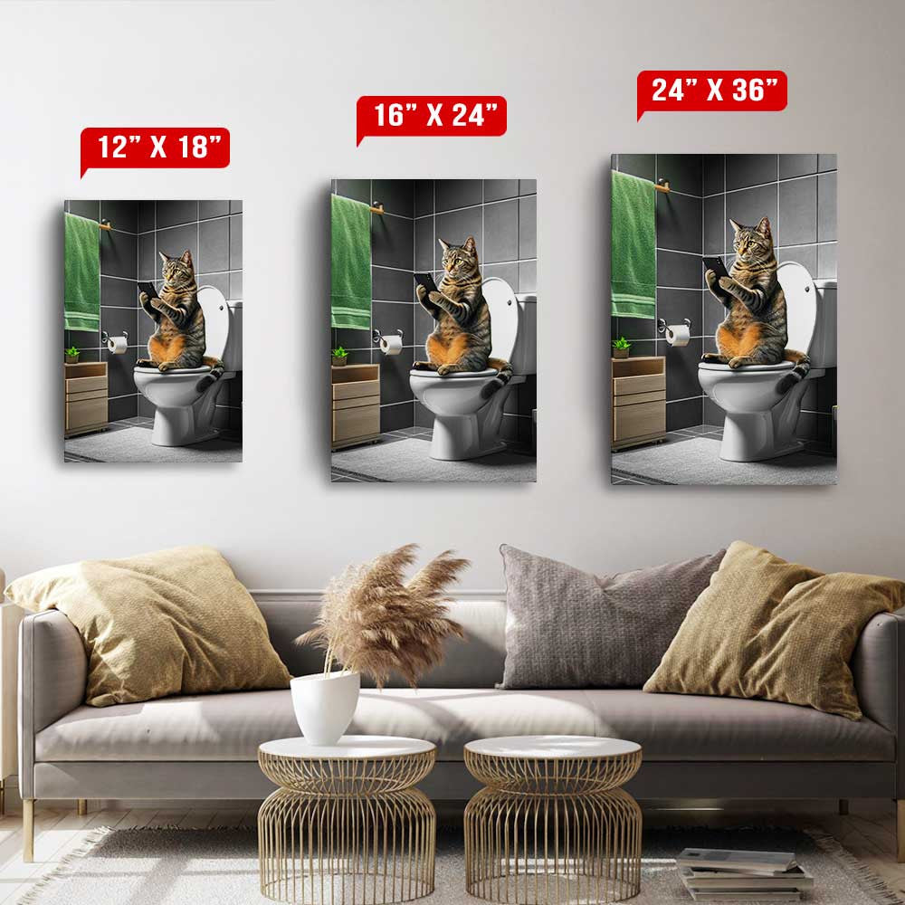 Funny Cat Reading Newspaper In Toilet Canvas Wall Art
