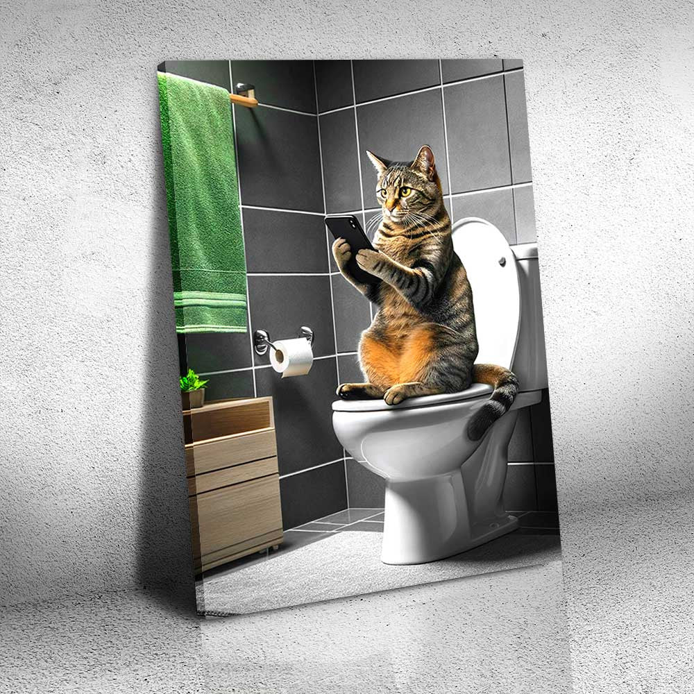 Funny Cat Reading Newspaper In Toilet Canvas Wall Art