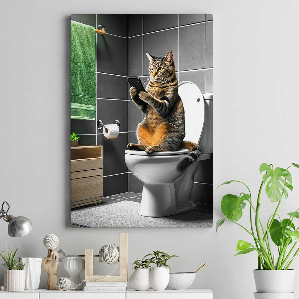 Funny Cat Reading Newspaper In Toilet Canvas Wall Art
