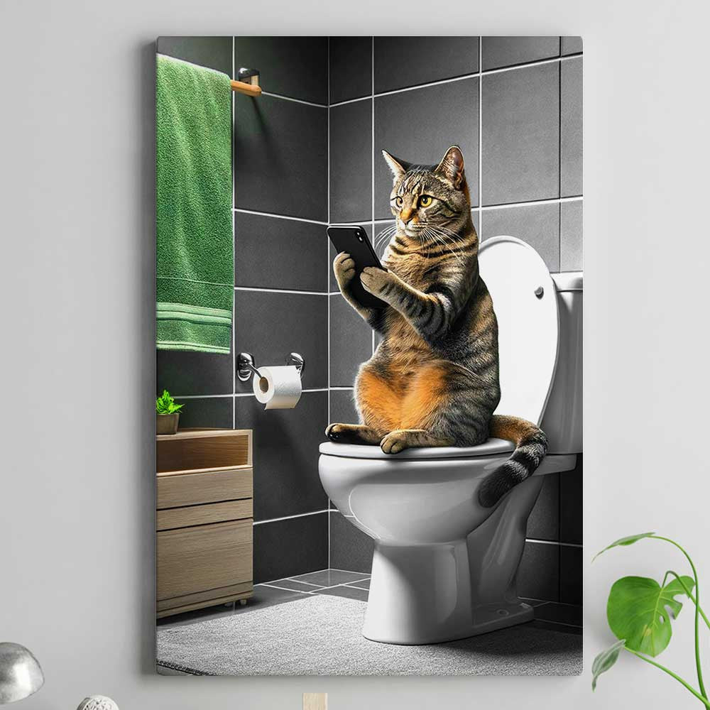 Funny Cat Reading Newspaper In Toilet Canvas Wall Art