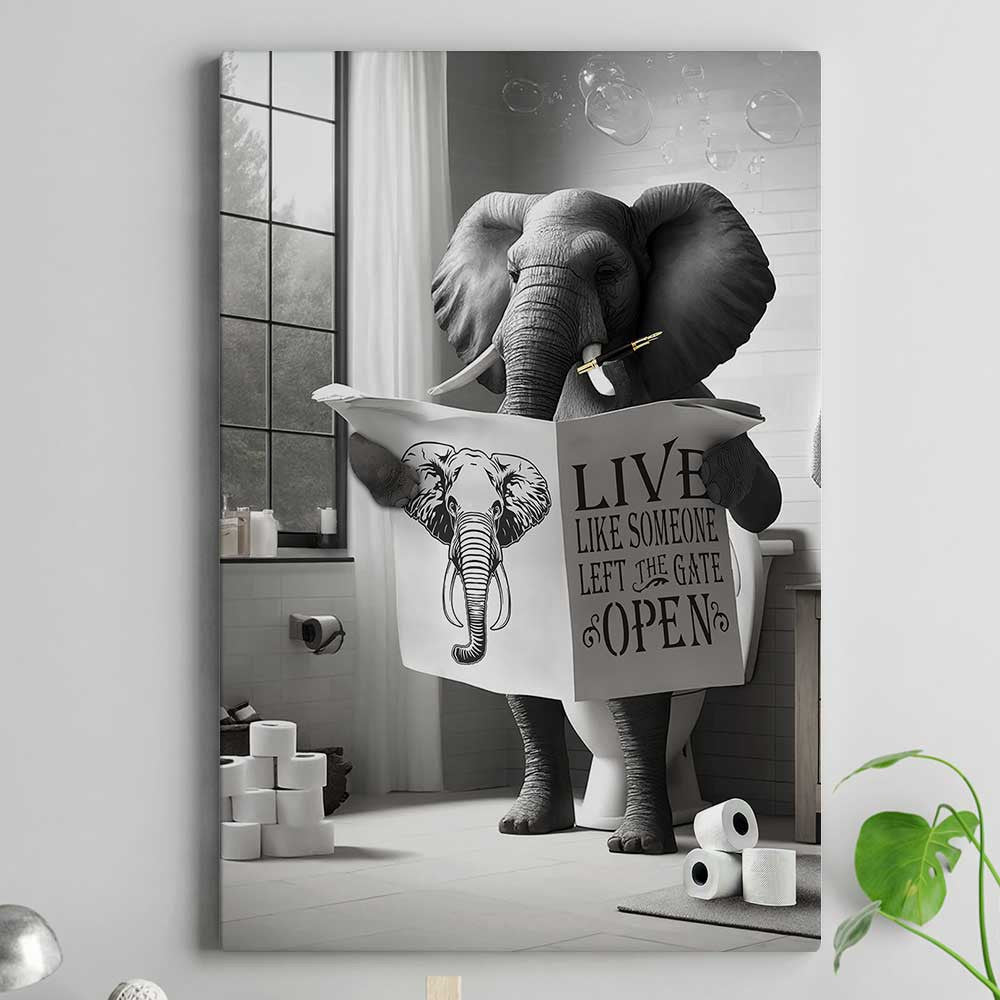 Funny Elephant Reading Newspaper In Toilet Canvas Wall Art – Funny Bathroom Decor