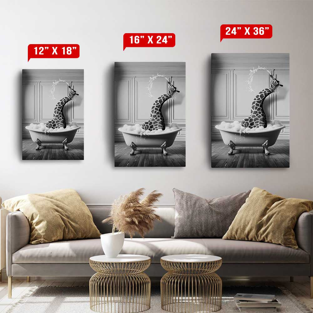 Funny Giraffe In The Bathtub Canvas Wall Art – Funny Bathroom Decor