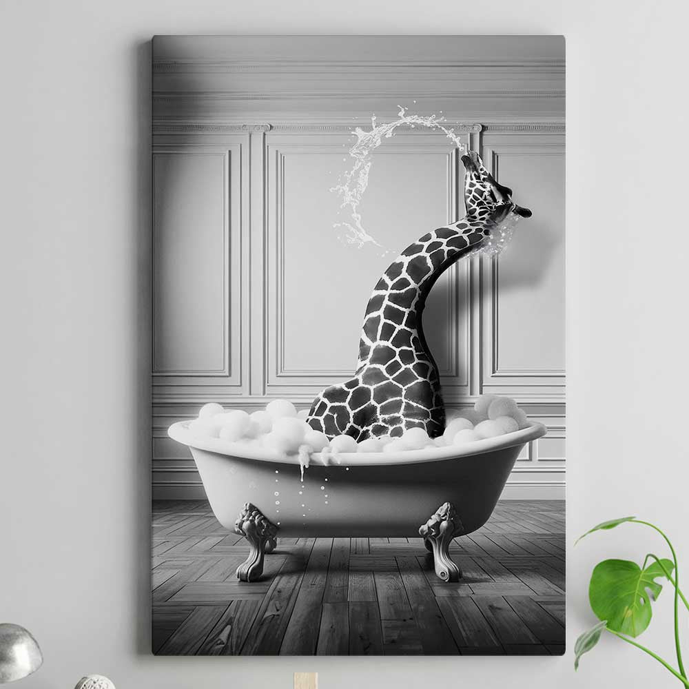 Funny Giraffe In The Bathtub Canvas Wall Art – Funny Bathroom Decor