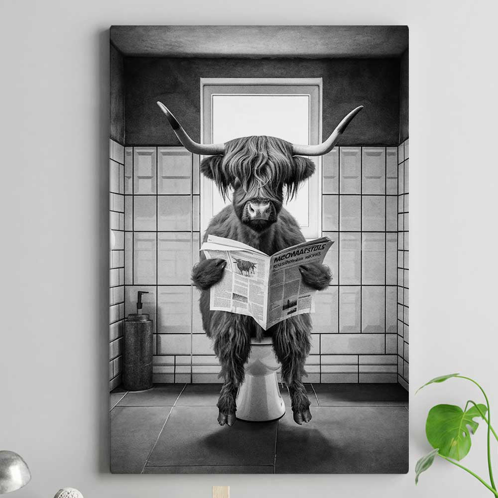 Funny Highland Cow In The Bathroom Canvas Wall Art