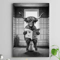 Funny Highland Cow In The Bathroom Canvas Wall Art