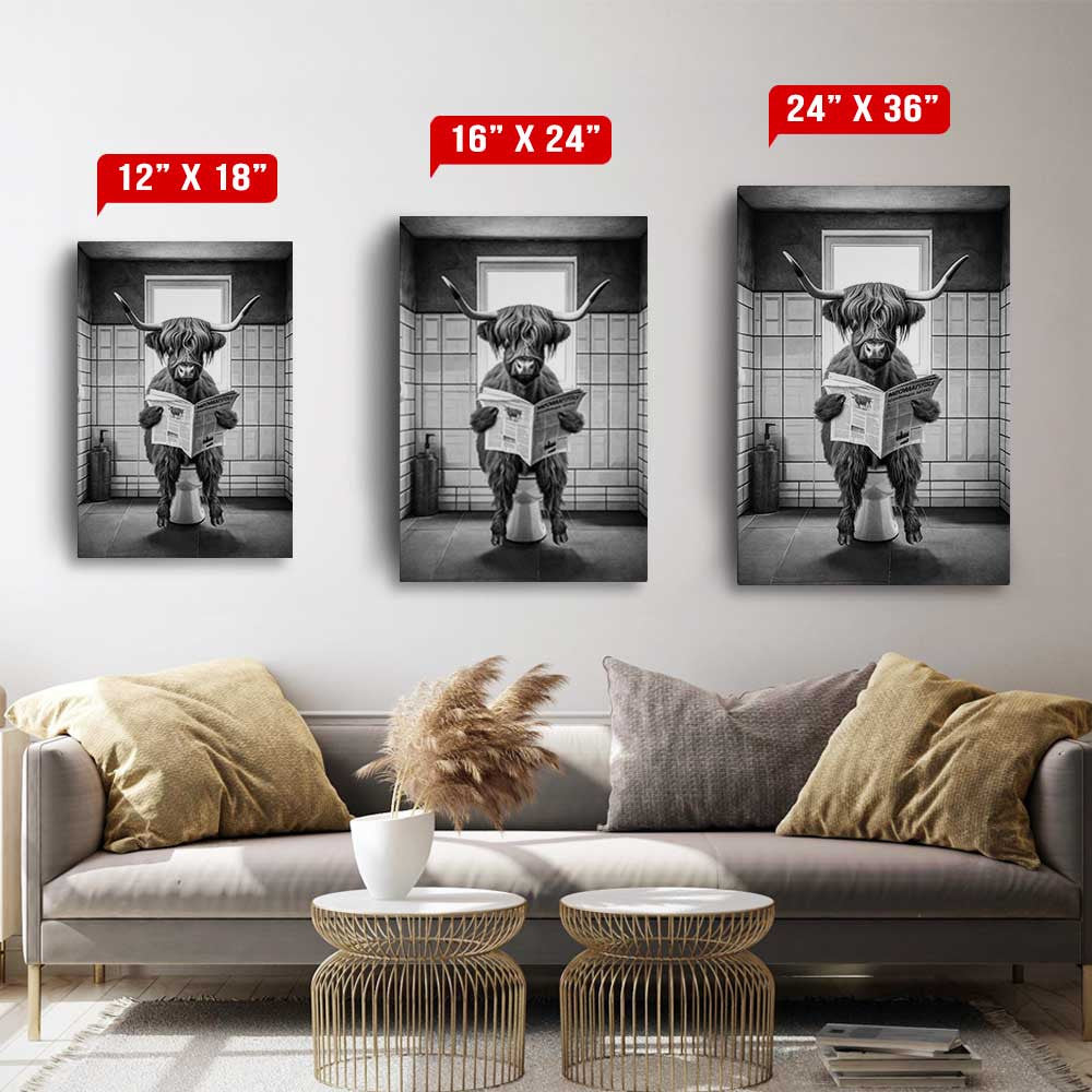 Funny Highland Cow In The Bathroom Canvas Wall Art