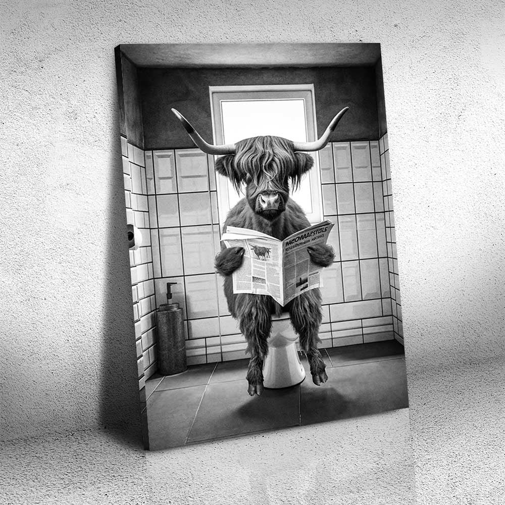 Funny Highland Cow In The Bathroom Canvas Wall Art