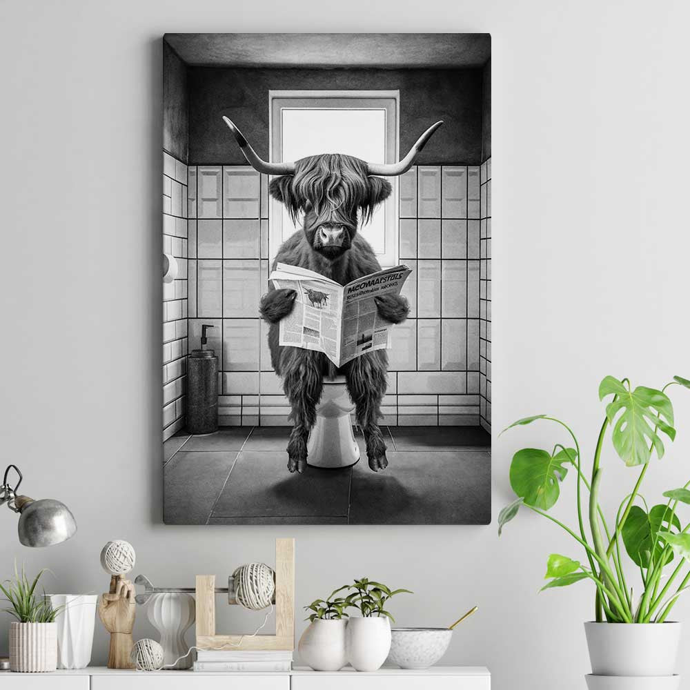 Funny Highland Cow In The Bathroom Canvas Wall Art