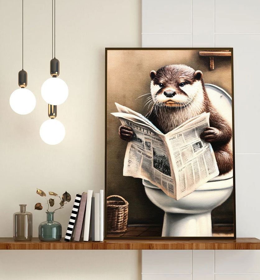 Funny Otter Reading Newspaper Canvas Wall Art