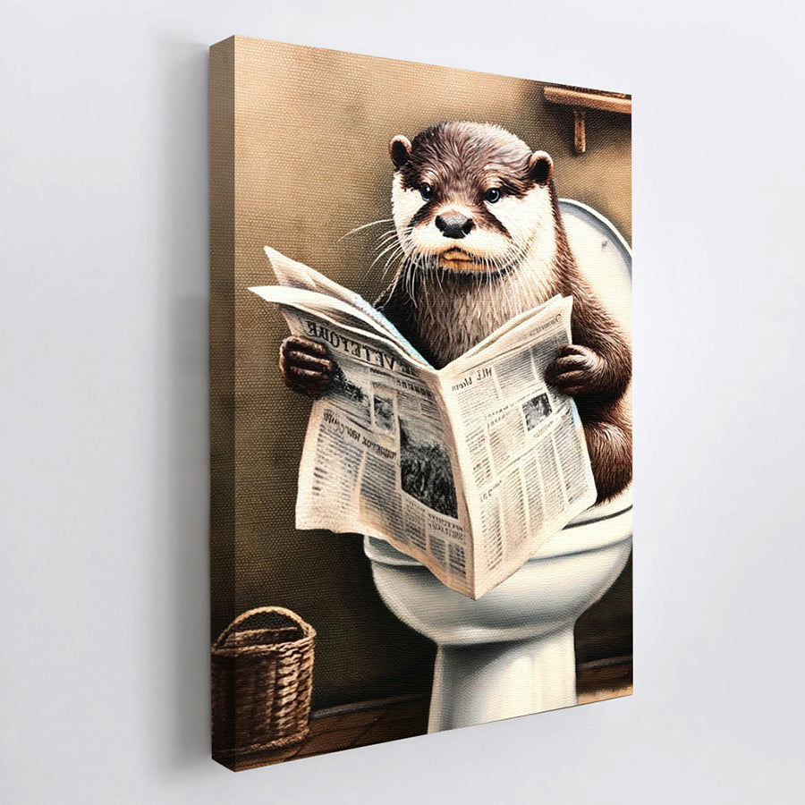 Funny Otter Reading Newspaper Canvas Wall Art