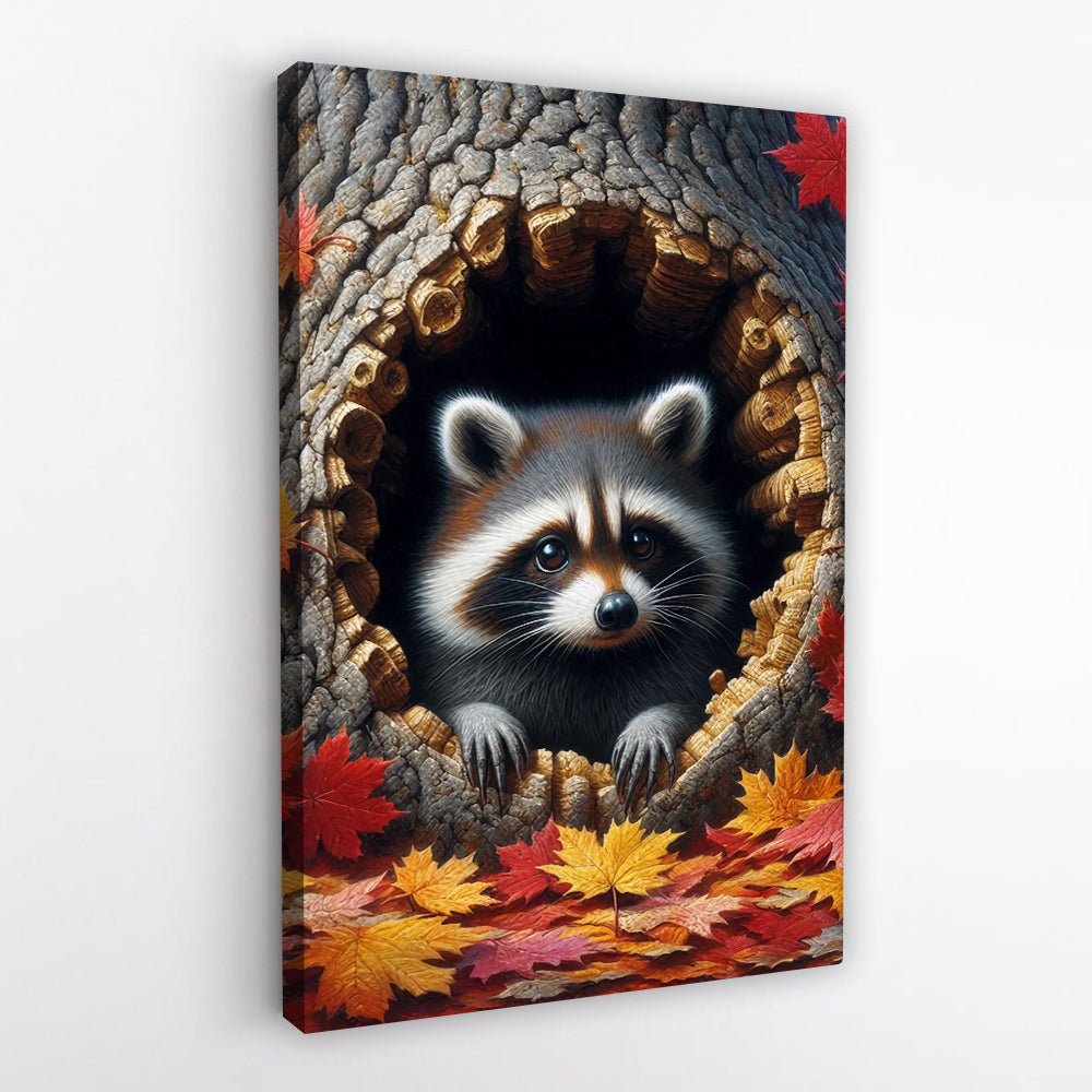 Funny Raccoon In The Hole Tree Canvas Wall Art