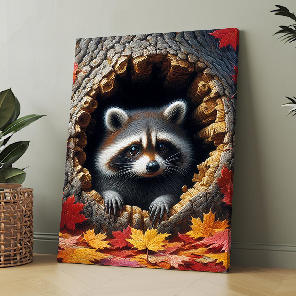 Funny Raccoon In The Hole Tree Canvas Wall Art