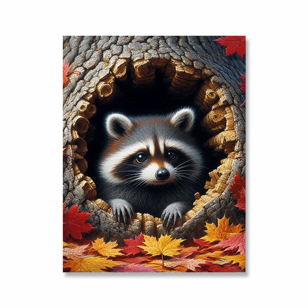 Funny Raccoon In The Hole Tree Canvas Wall Art