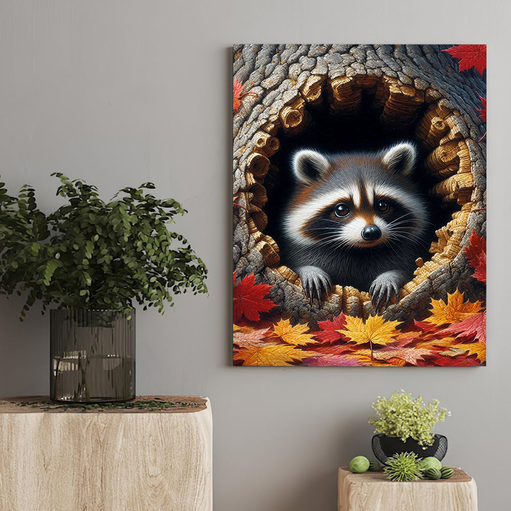 Funny Raccoon In The Hole Tree Canvas Wall Art