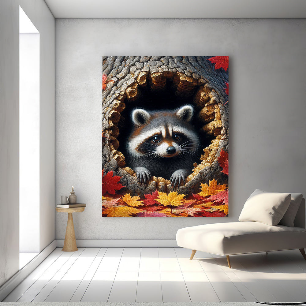 Funny Raccoon In The Hole Tree Canvas Wall Art