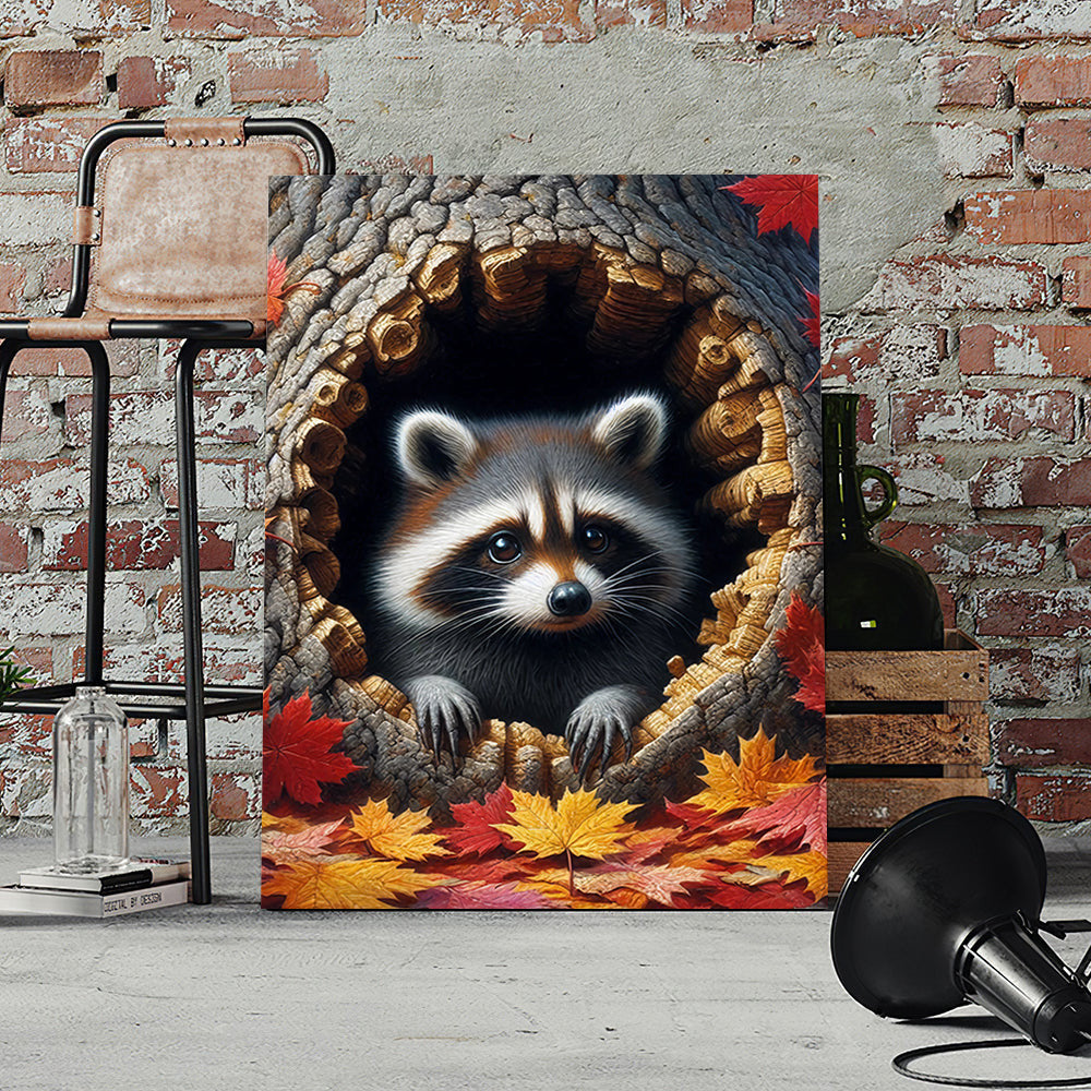 Funny Raccoon In The Hole Tree Canvas Wall Art