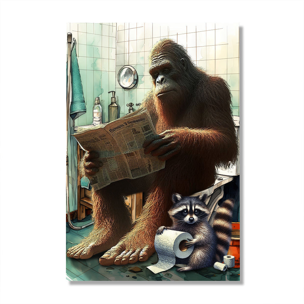 Gorilla Reading News And Raccoon Hold Silk In Toilet Funny Canvas Wall Art