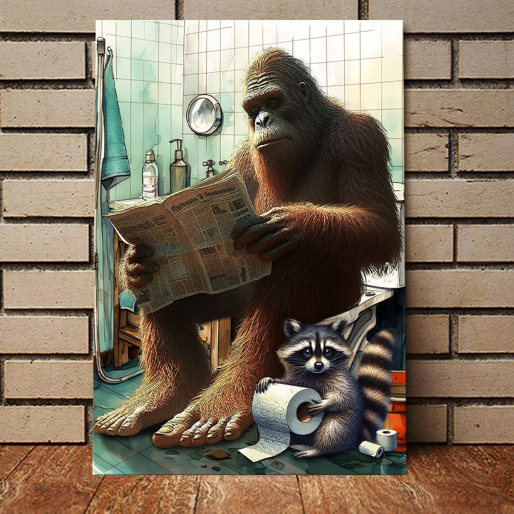 Gorilla Reading News And Raccoon Hold Silk In Toilet Funny Canvas Wall Art