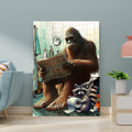 Gorilla Reading News And Raccoon Hold Silk In Toilet Funny Canvas Wall Art