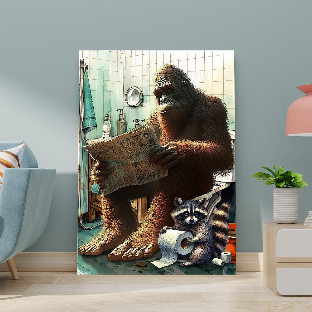 Gorilla Reading News And Raccoon Hold Silk In Toilet Funny Canvas Wall Art