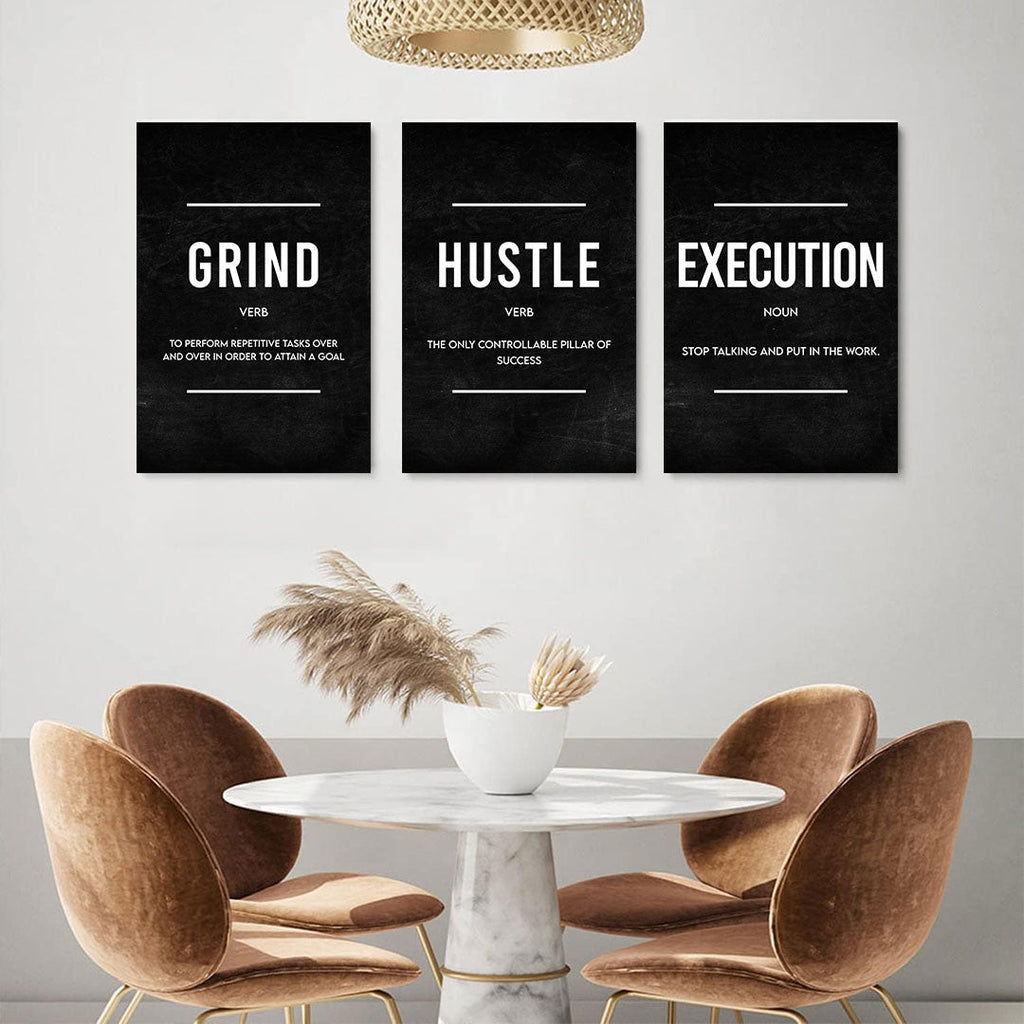 Grind Hustle Execution Success Set of 3 Canvas Wall Art