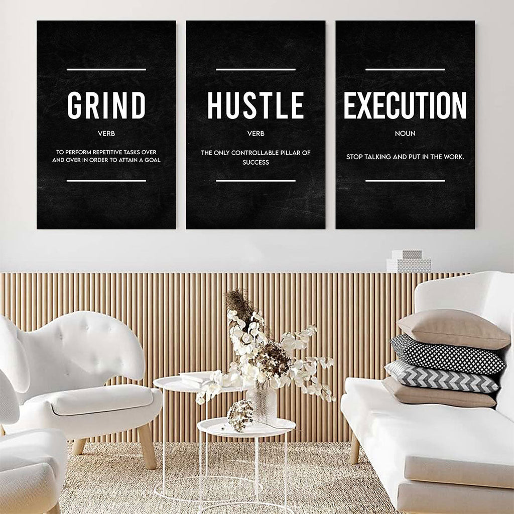 Grind Hustle Execution Success Set of 3 Canvas Wall Art