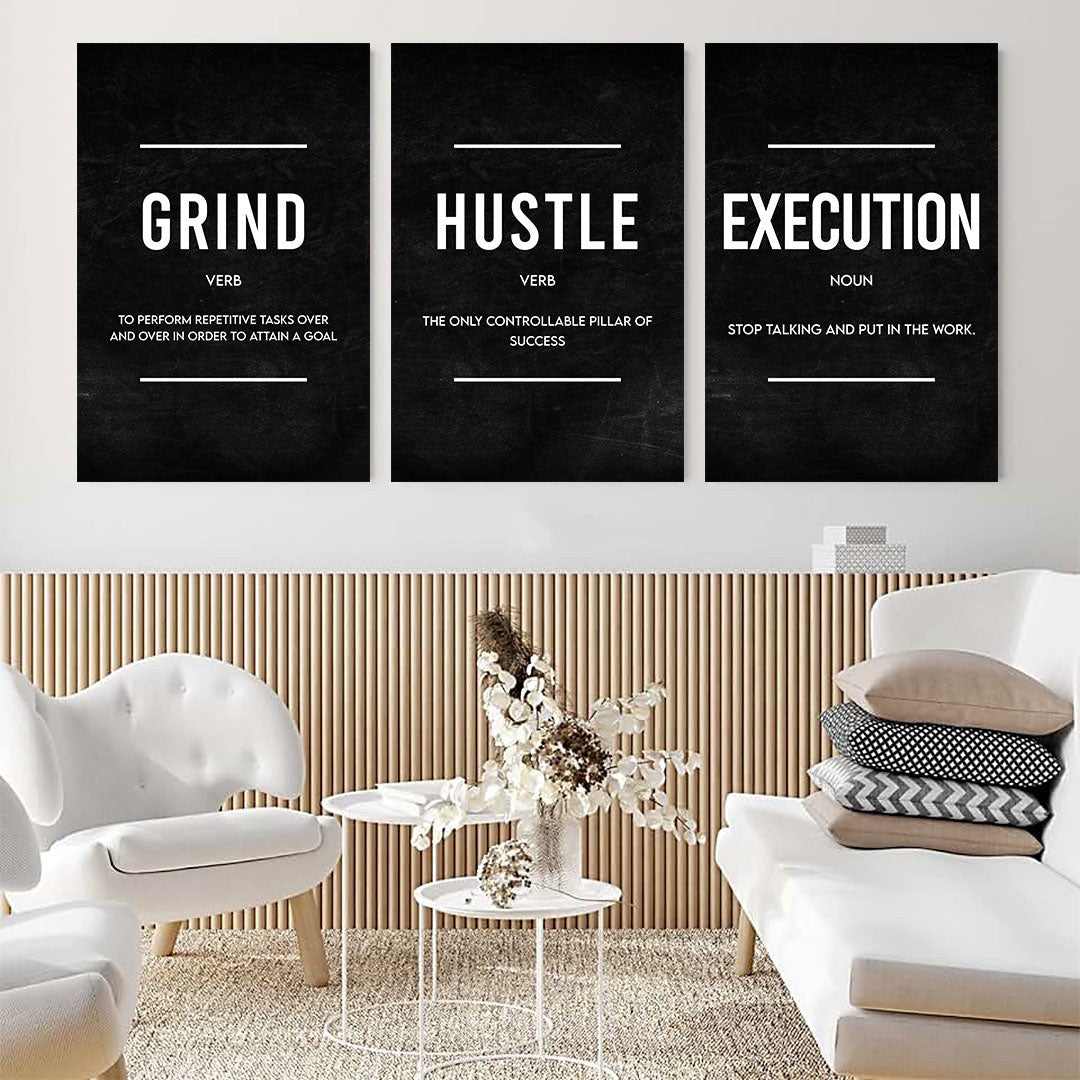 Grind Hustle Execution Success Set of 3 Canvas Wall Art