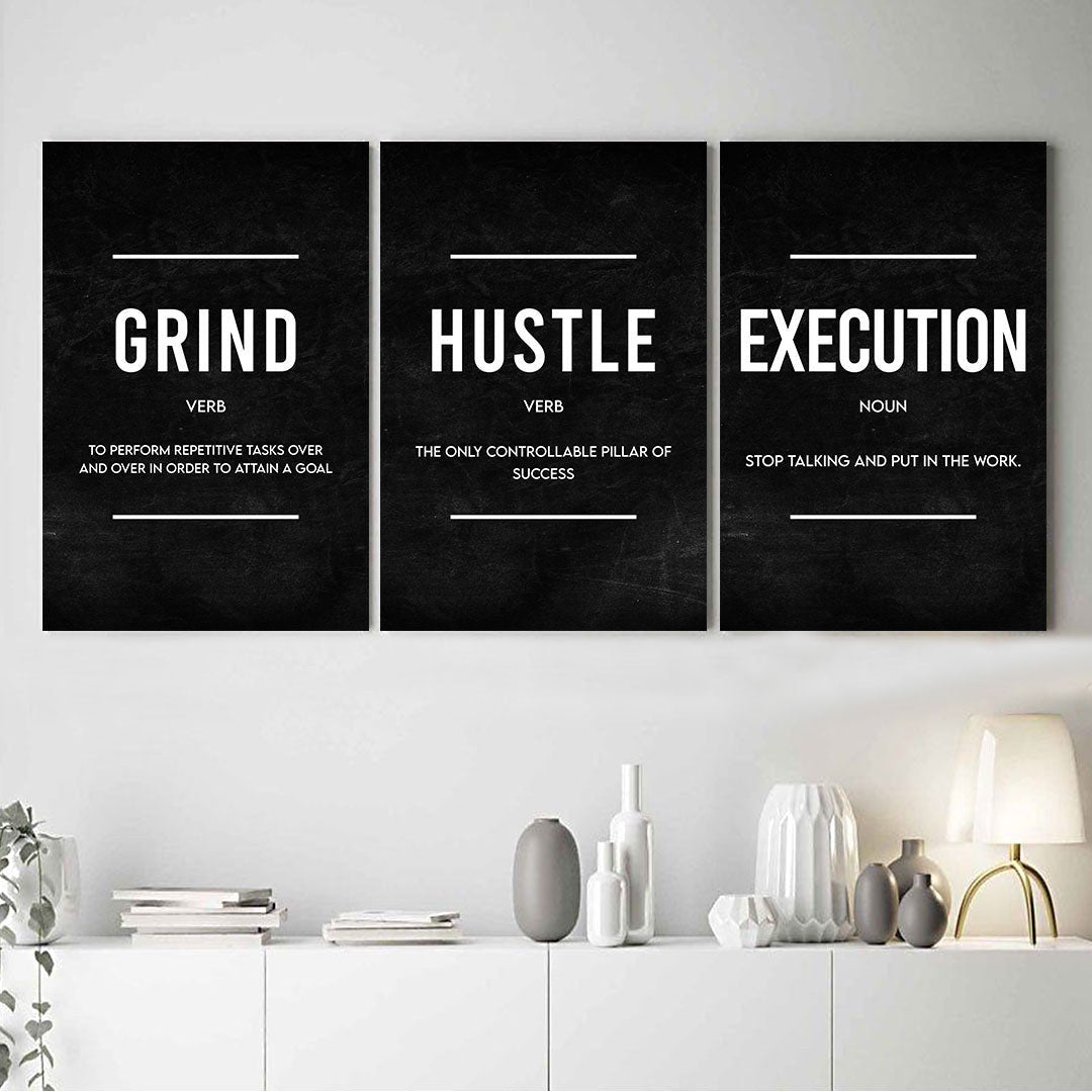 Grind Hustle Execution Success Set of 3 Canvas Wall Art