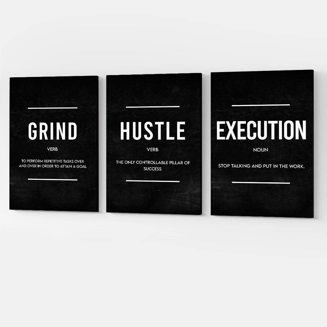 Grind Hustle Execution Success Set of 3 Canvas Wall Art