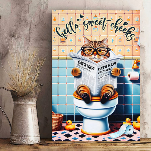 Hello Sweet Cheeks Funny Reading Newspaper Bathroom Canvas Wall Art – Funny Bathroom Decor