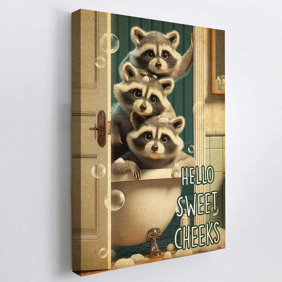 Hello Sweet Three Raccoon Canvas Wall Art