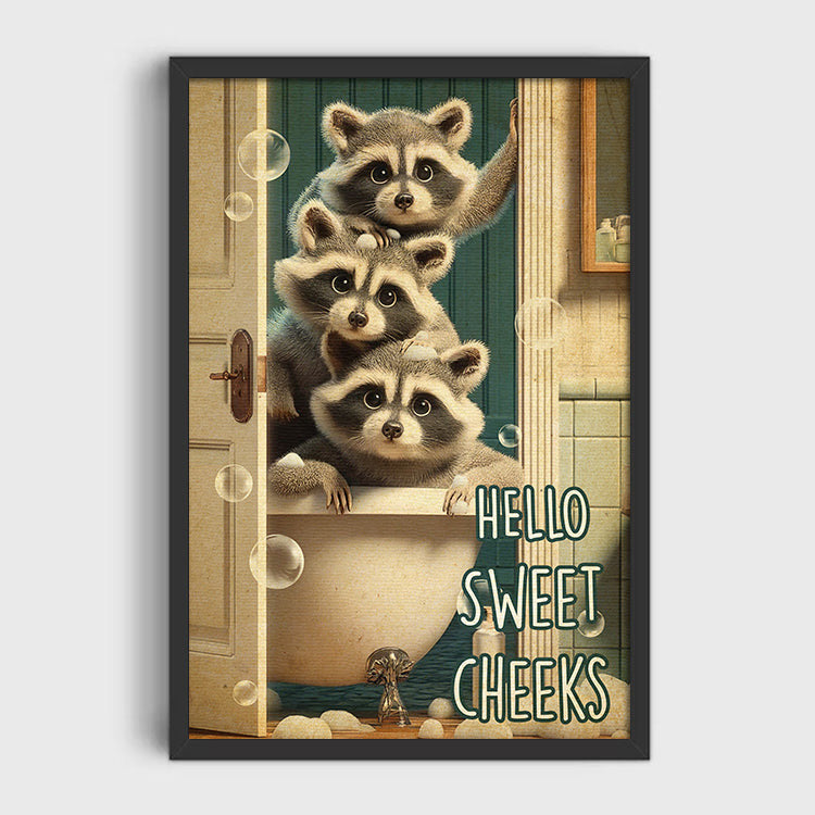 Hello Sweet Three Raccoon Canvas Wall Art