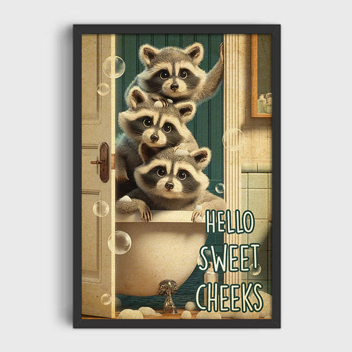 Hello Sweet Three Raccoon Canvas Wall Art – Funny Animal Wall Art