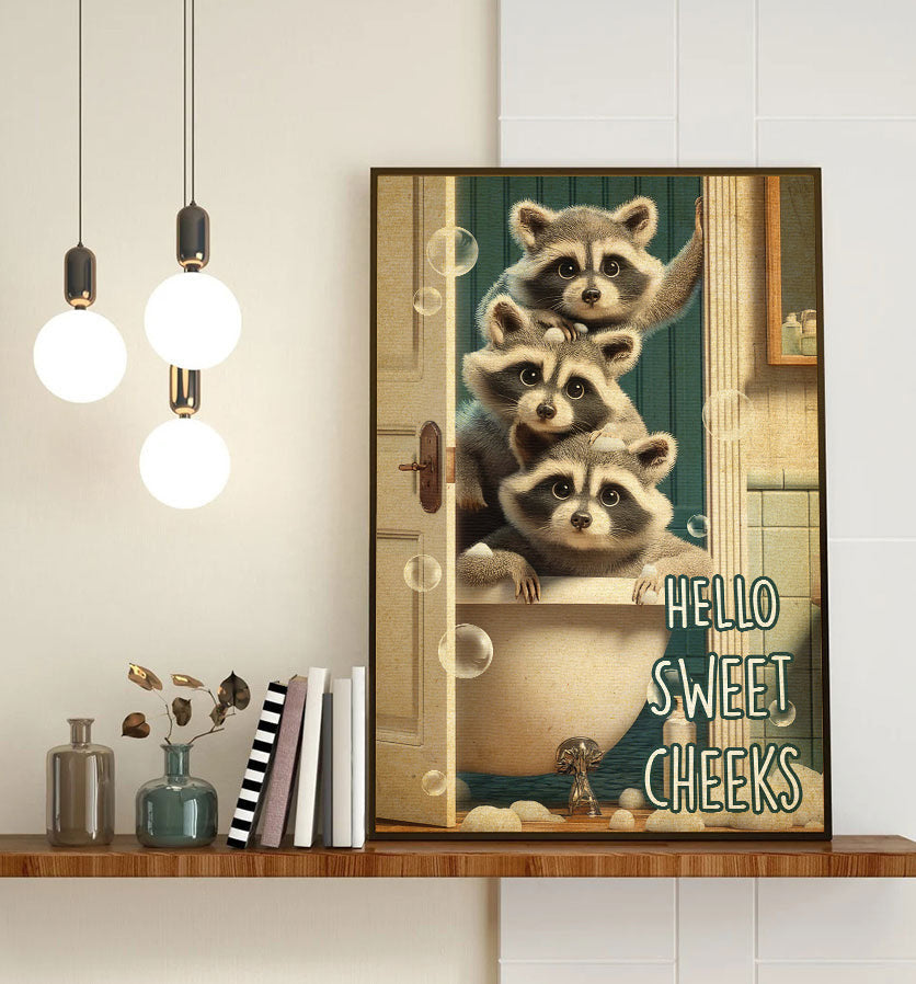 Hello Sweet Three Raccoon Canvas Wall Art